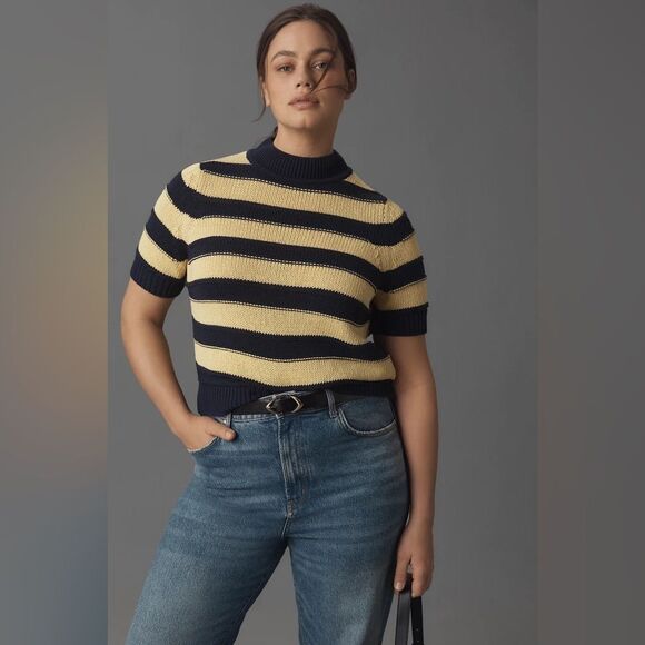 Anthropologie Pilcro Striped Short Sleeve Mock-Neck Sweater Size 2X - Picture 1 of 8